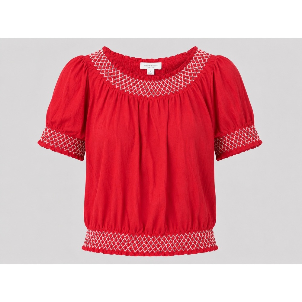 Style & Co Womens Red Smocked Peasant Blouse Short Puff Sleeve Size S